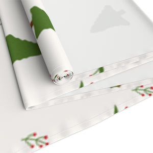 White Holiday Table Runner - Evergreen Trees & Holly
