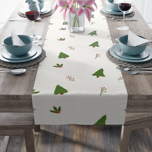 White Holiday Table Runner - Evergreen Trees & Holly