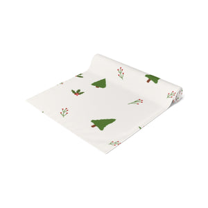 White Holiday Table Runner - Evergreen Trees & Holly