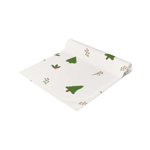 White Holiday Table Runner - Evergreen Trees & Holly