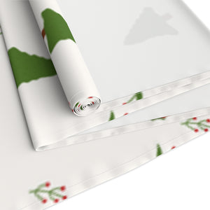 White Holiday Table Runner - Evergreen Trees & Holly