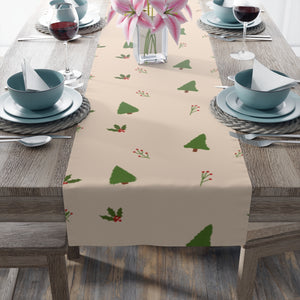 Beige Holiday Table Runner - Evergreen Trees & Holly