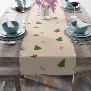 Beige Holiday Table Runner - Evergreen Trees & Holly