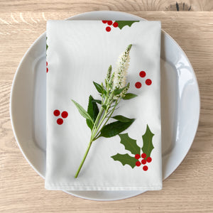 White Holiday Napkins - Red & Green Holly
