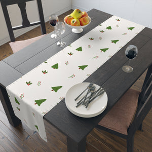 White Holiday Table Runner - Evergreen Trees & Holly