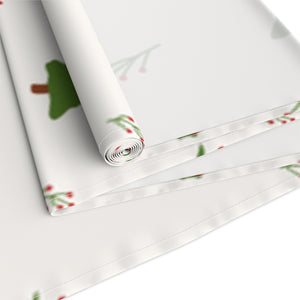 White Holiday Table Runner - Evergreen Trees & Holly