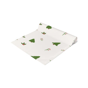 White Holiday Table Runner - Evergreen Trees & Holly