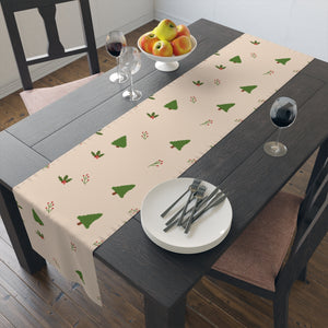 Beige Holiday Table Runner - Evergreen Trees & Holly