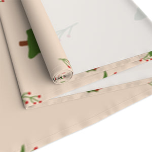 Beige Holiday Table Runner - Evergreen Trees & Holly