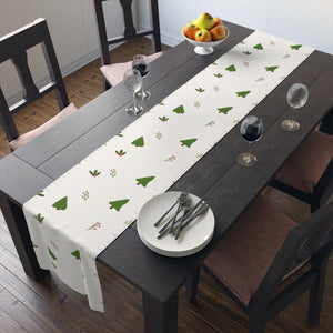White Holiday Table Runner - Evergreen Trees & Holly
