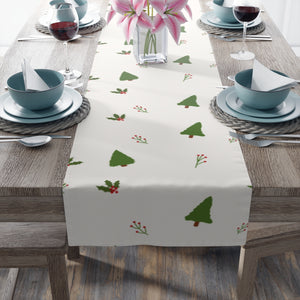White Holiday Table Runner - Evergreen Trees & Holly