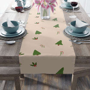 Beige Holiday Table Runner - Evergreen Trees & Holly