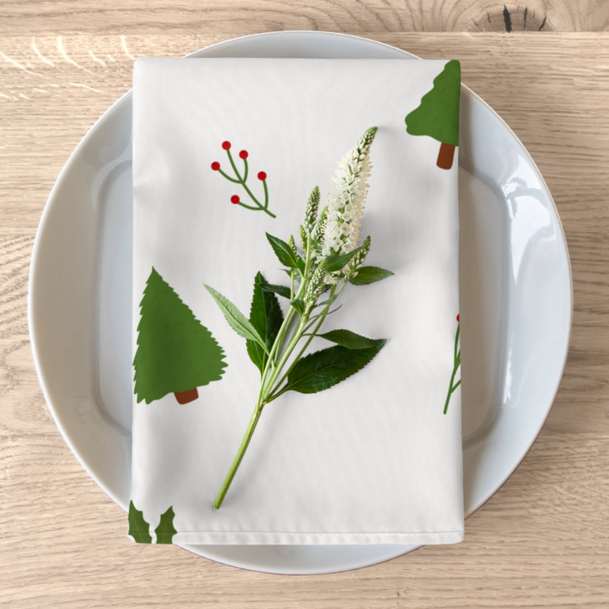 White Holiday Napkins - Evergreen Trees &amp; Holly