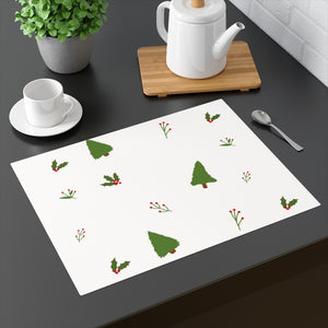 White Holiday Table Placemat - Evergreen Trees & Holly