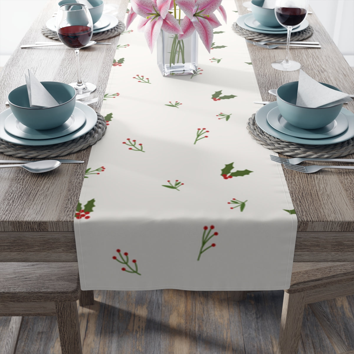 White Holiday Table Runner - Holly