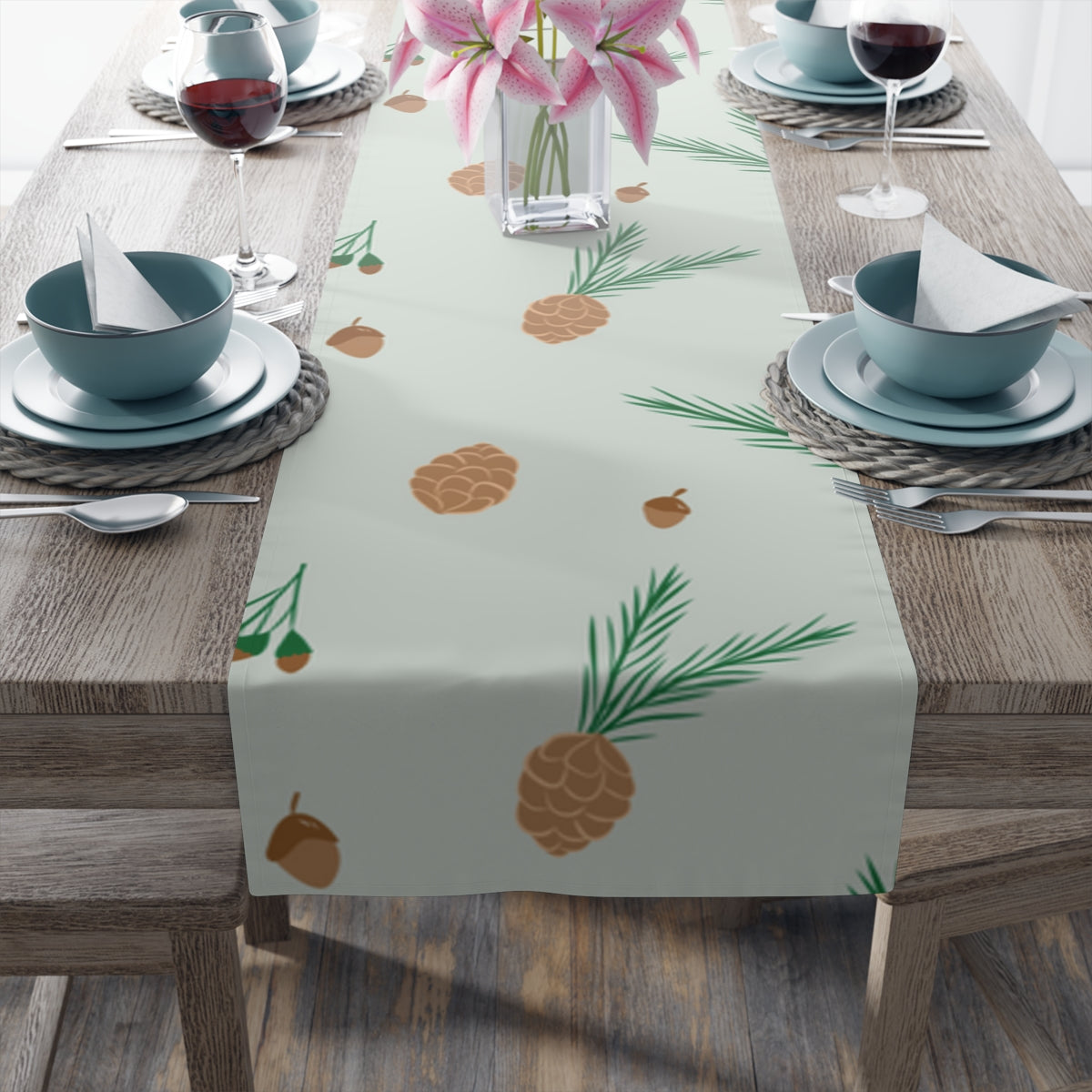 Green Holiday Table Runner - Pinecones