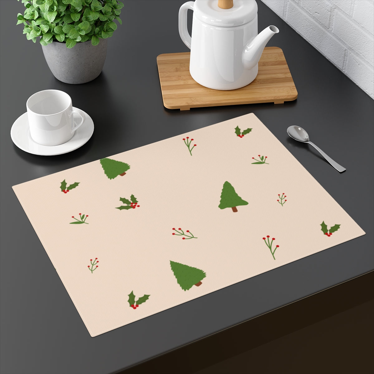 Beige Holiday Table Placemat - Evergreen Trees &amp; Holly