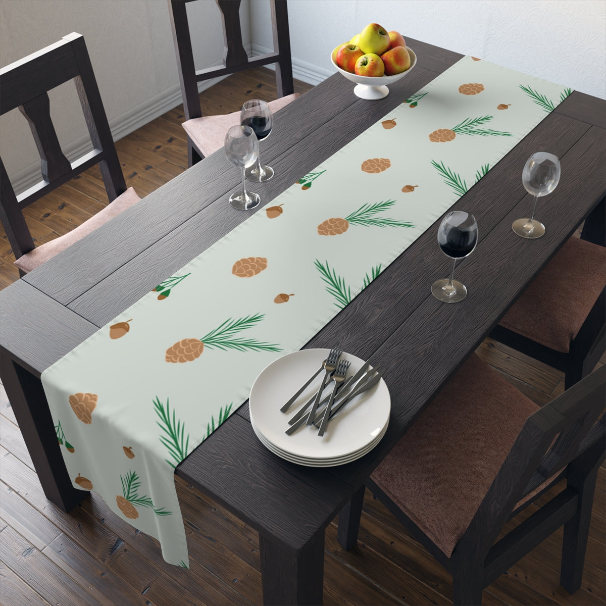 Green Holiday Table Runner - Pinecones