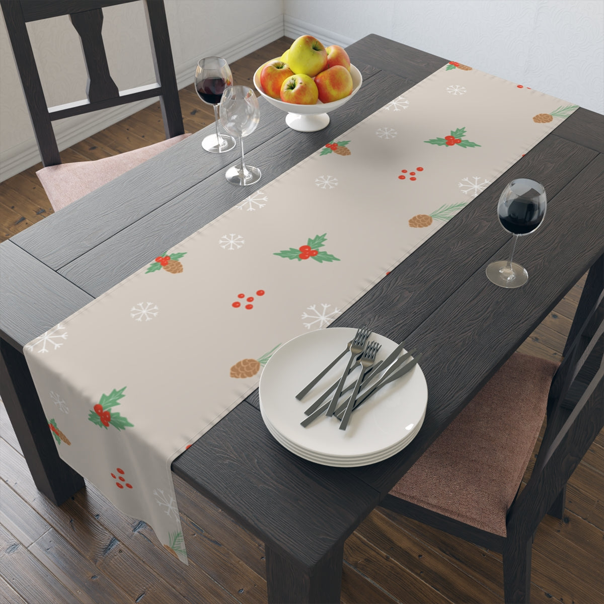 Holiday Table Runner - Holly &amp; Pinecones
