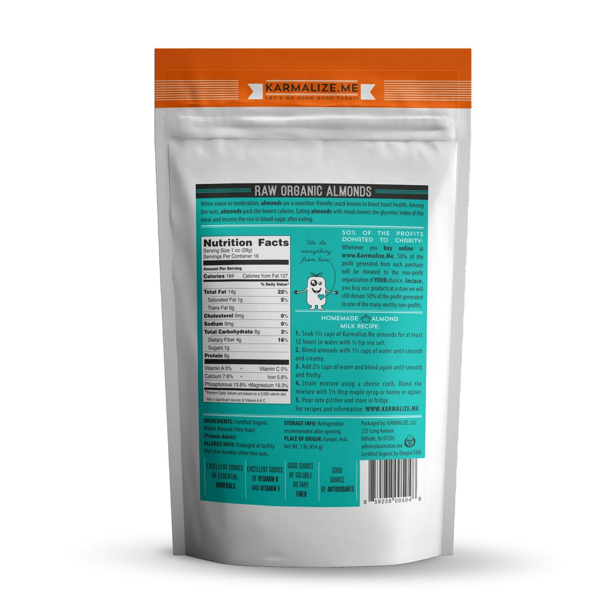 100% Organic Raw Almonds, Whole - 1lb