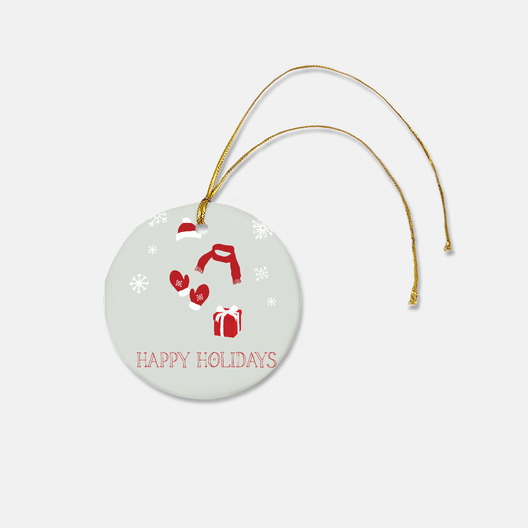 Round Ceramic Holiday Ornament - Red Happy Holidays