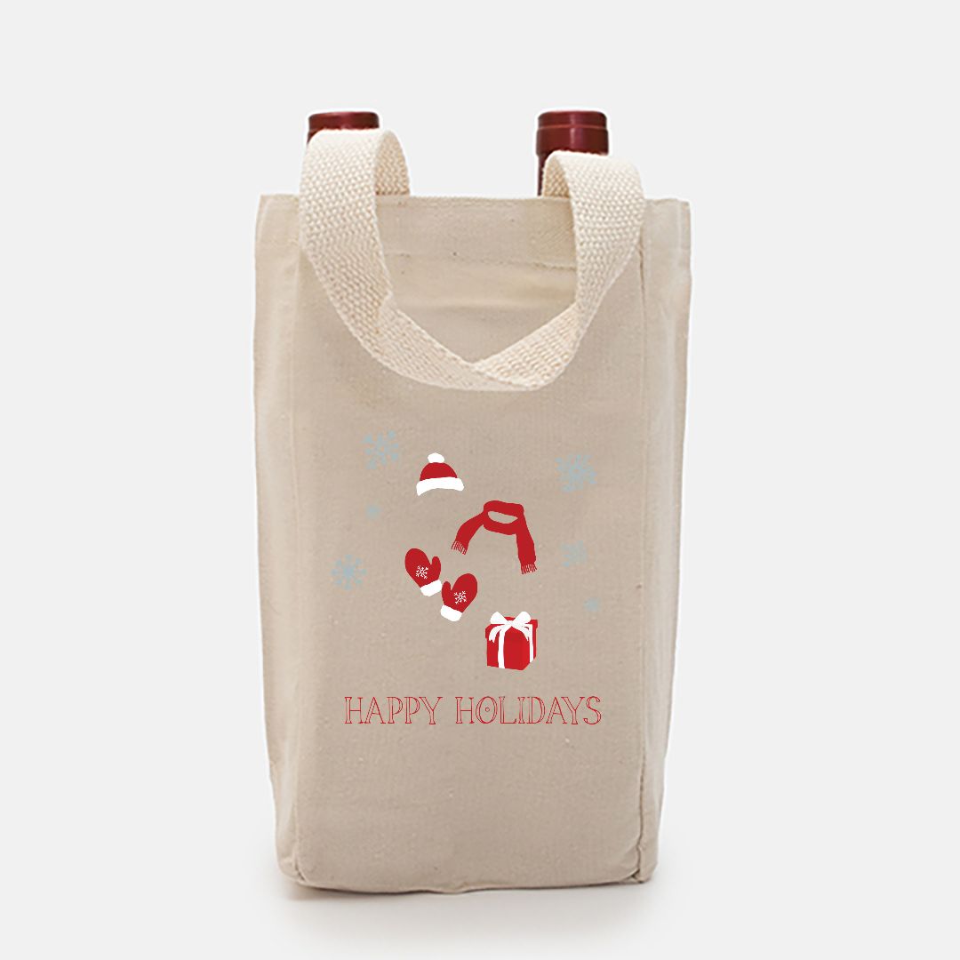 Double Bottle Canvas Wine Tote - Red Happy Holidays