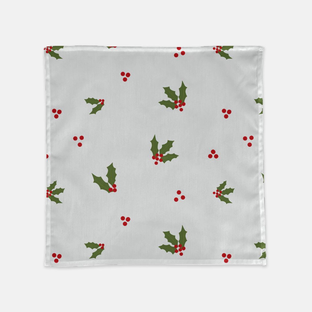 White Holiday Cloth Napkins - Red &amp; Green Holly