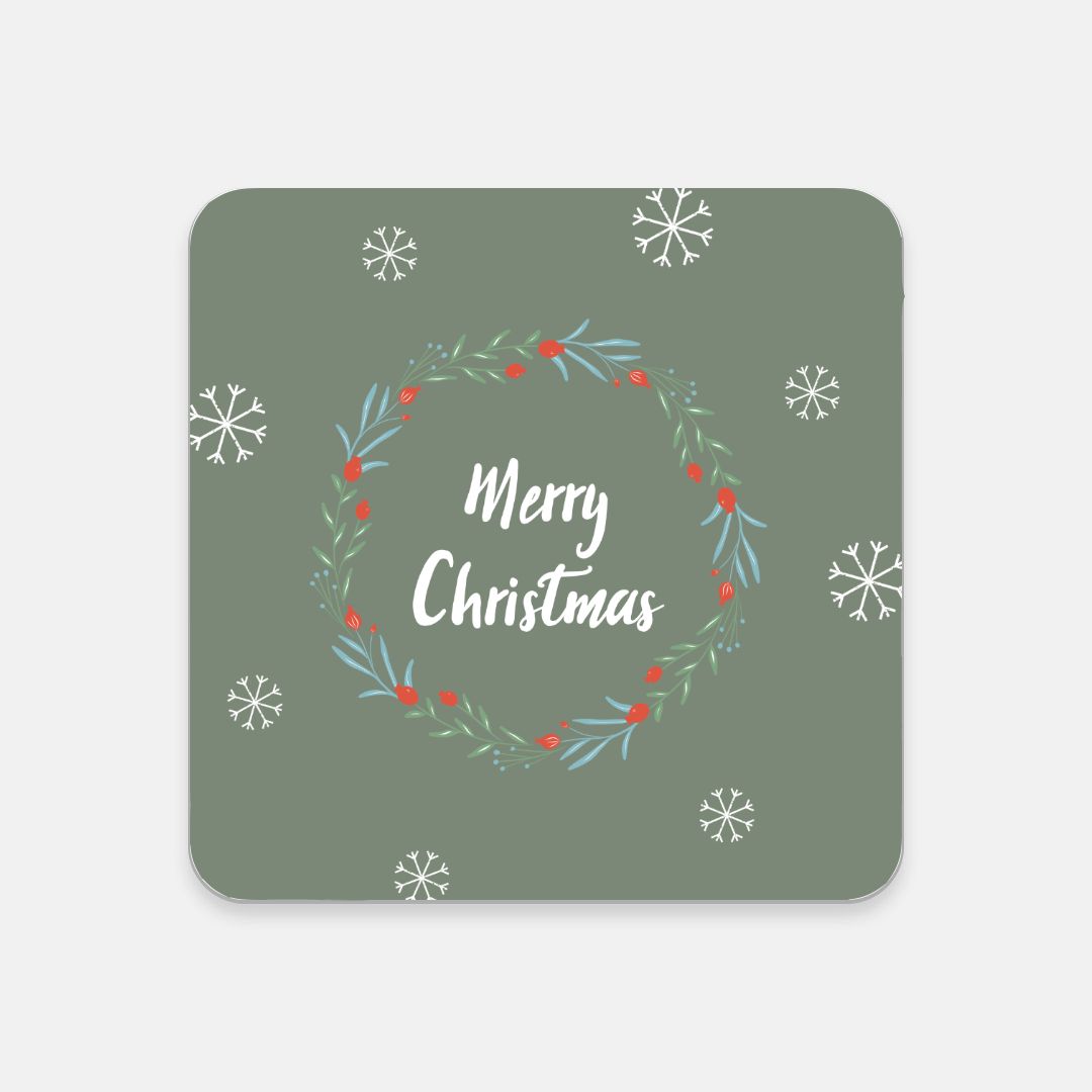 Cork Back Coaster - Merry Christmas Wreath &amp; Snowflakes