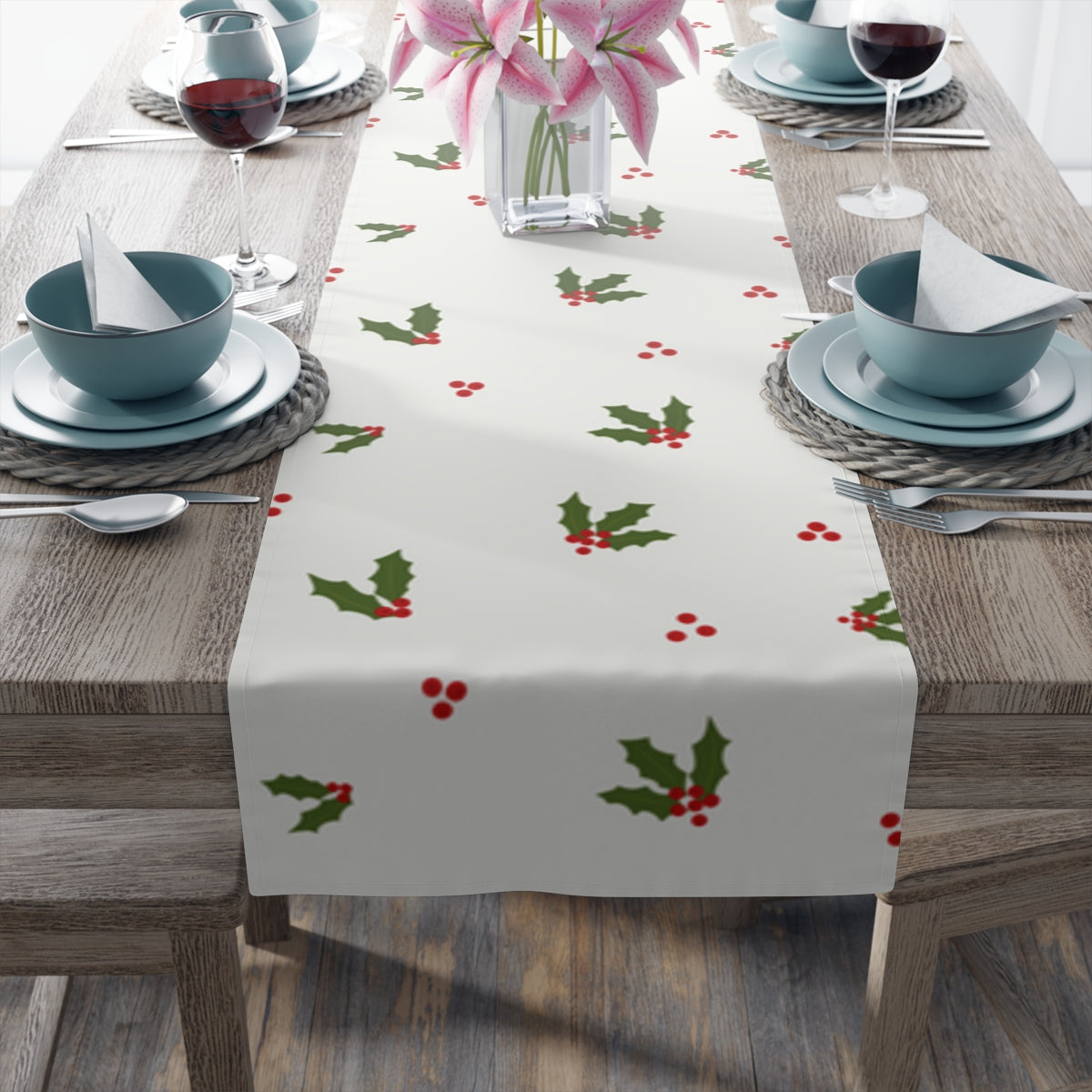 Holiday Table Runner - Red &amp; Green Holly