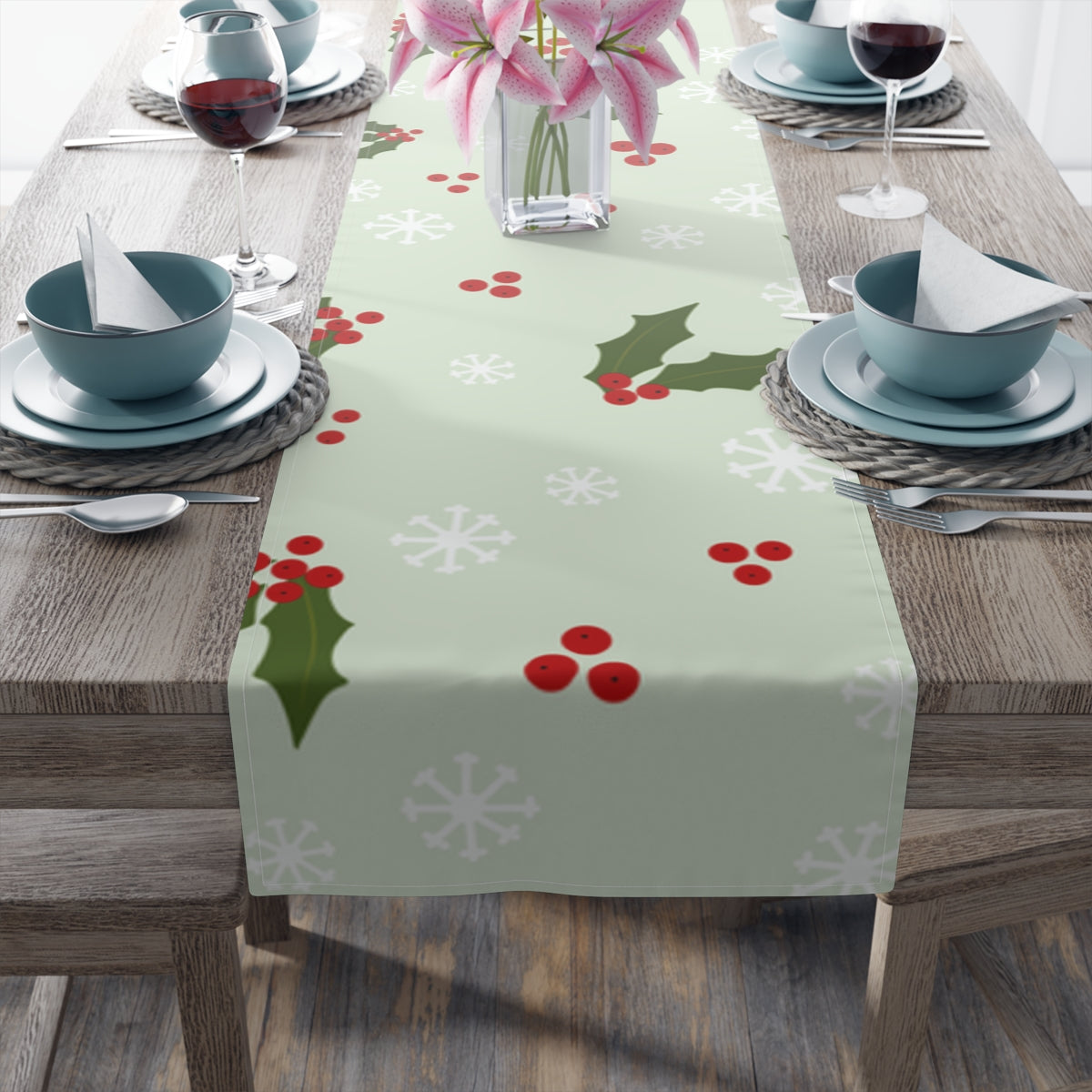 Holiday Table Runner - Holly &amp; Snowflakes