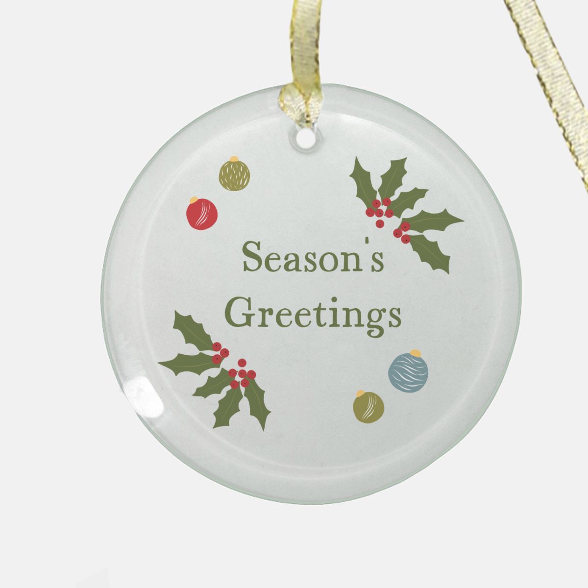 Round Clear Glass Holiday Ornament - Season&#39;s Greetings