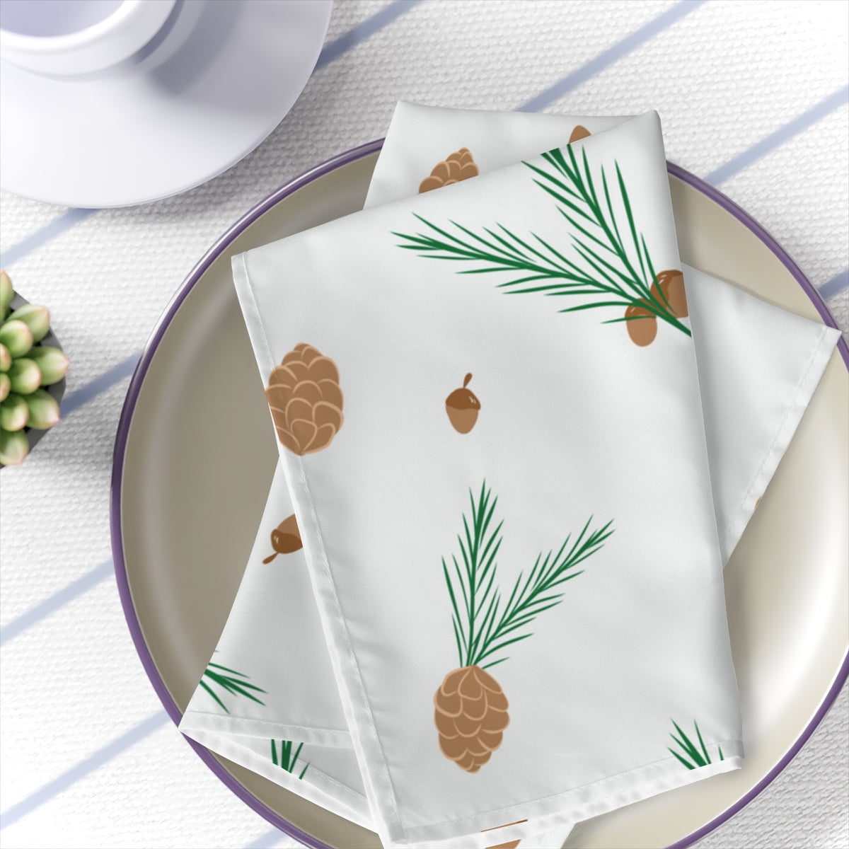 White Holiday Napkins - Pinecones &amp; Acorns