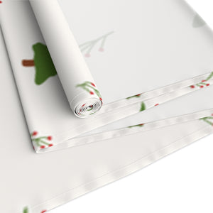White Holiday Table Runner - Evergreen Trees & Holly