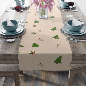 Beige Holiday Table Runner - Evergreen Trees & Holly