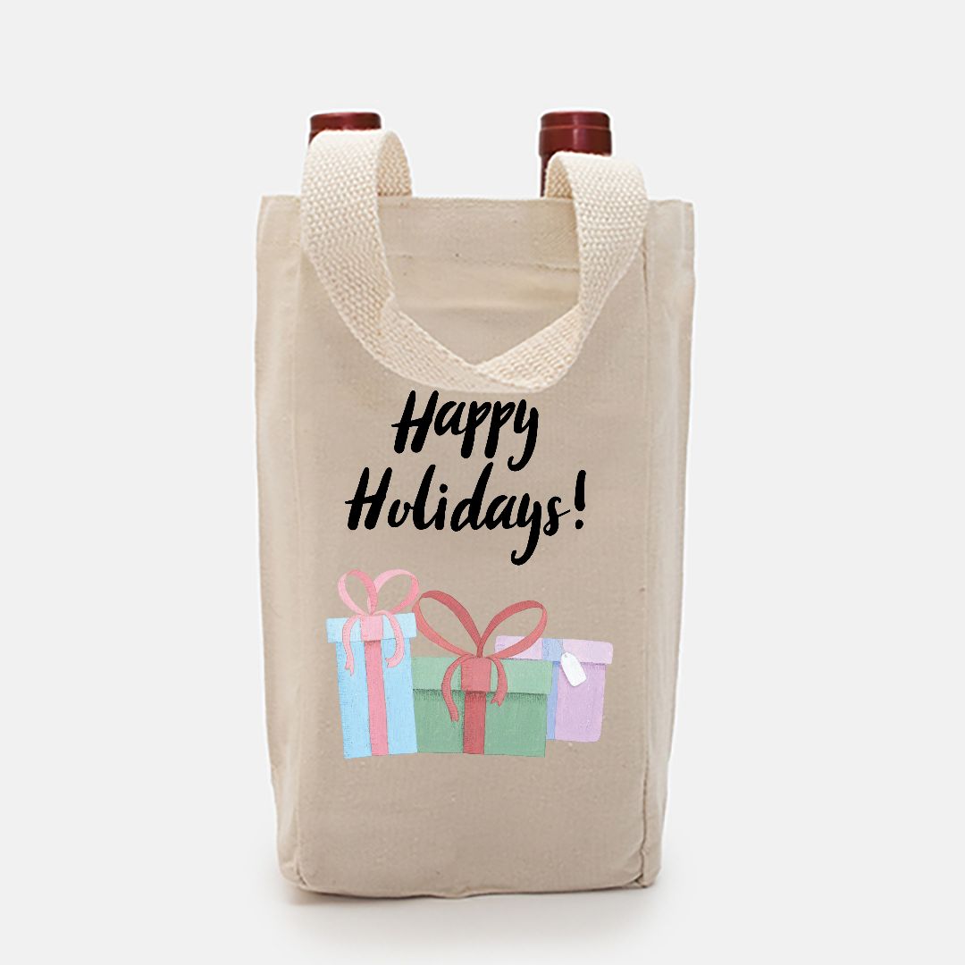 Double Bottle Canvas Wine Tote - Happy Holidays &amp; Presents