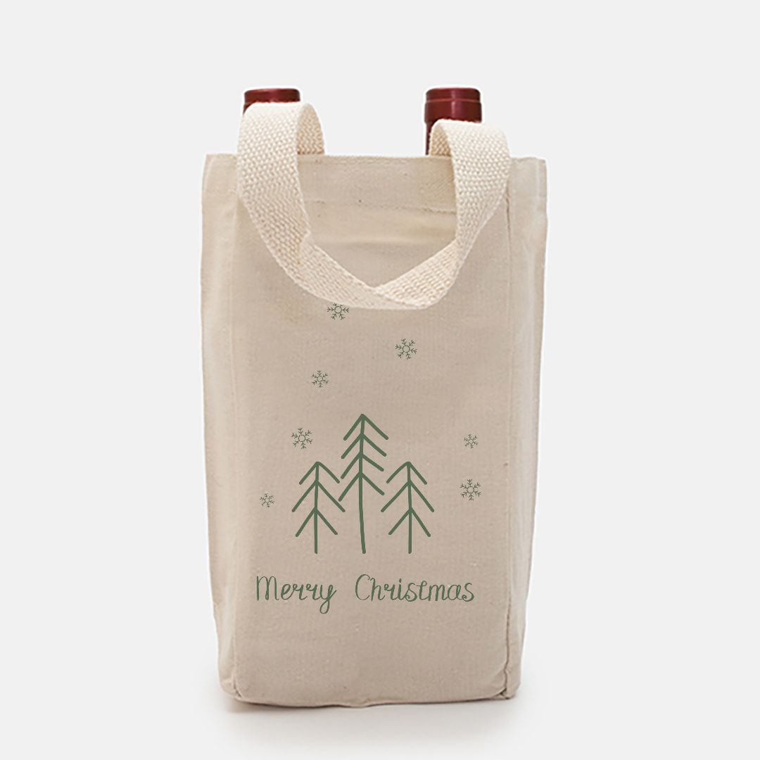 Double Bottle Canvas Wine Tote - Merry Christmas Evergreen Trees