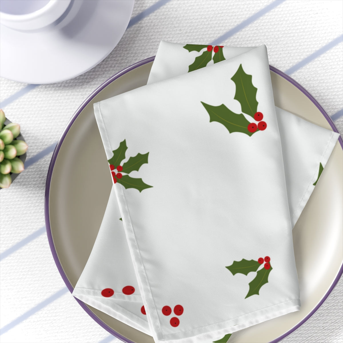 White Holiday Napkins - Red &amp; Green Holly