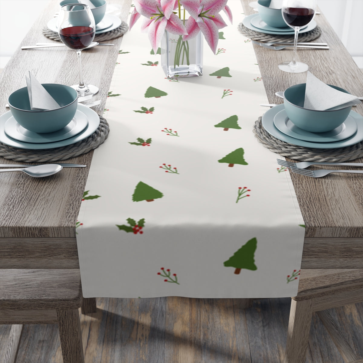 White Holiday Table Runner - Evergreen Trees &amp; Holly