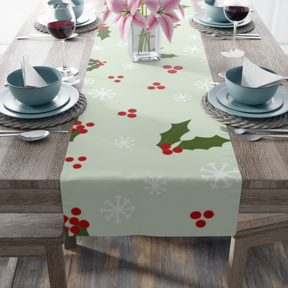 Holiday Table Runner - Holly &amp; Snowflakes