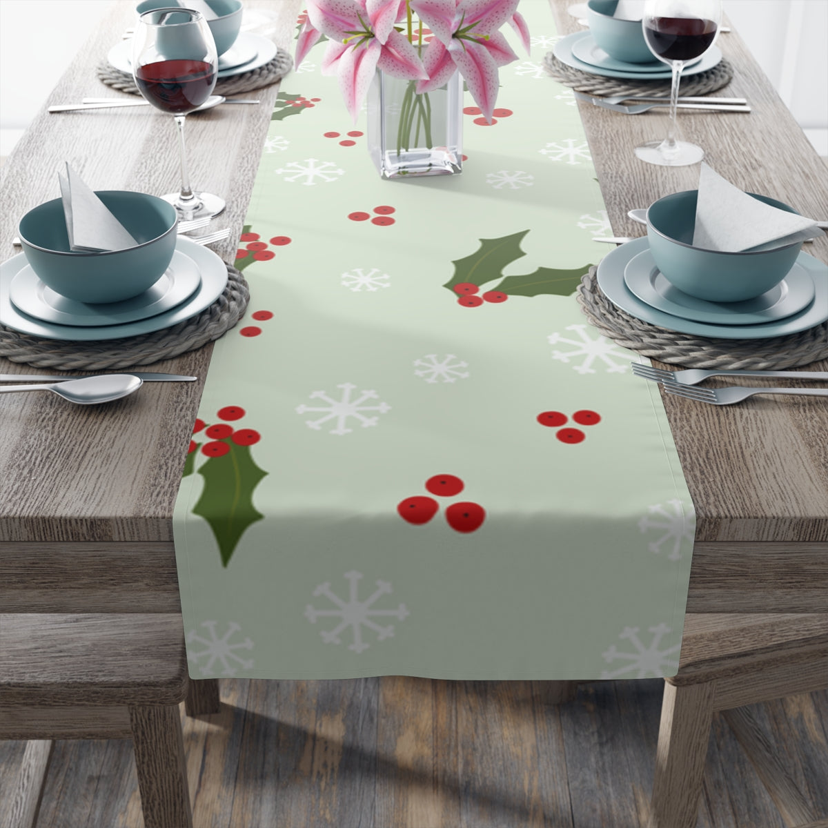 Holiday Table Runner - Holly &amp; Snowflakes