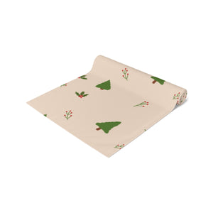 Beige Holiday Table Runner - Evergreen Trees & Holly
