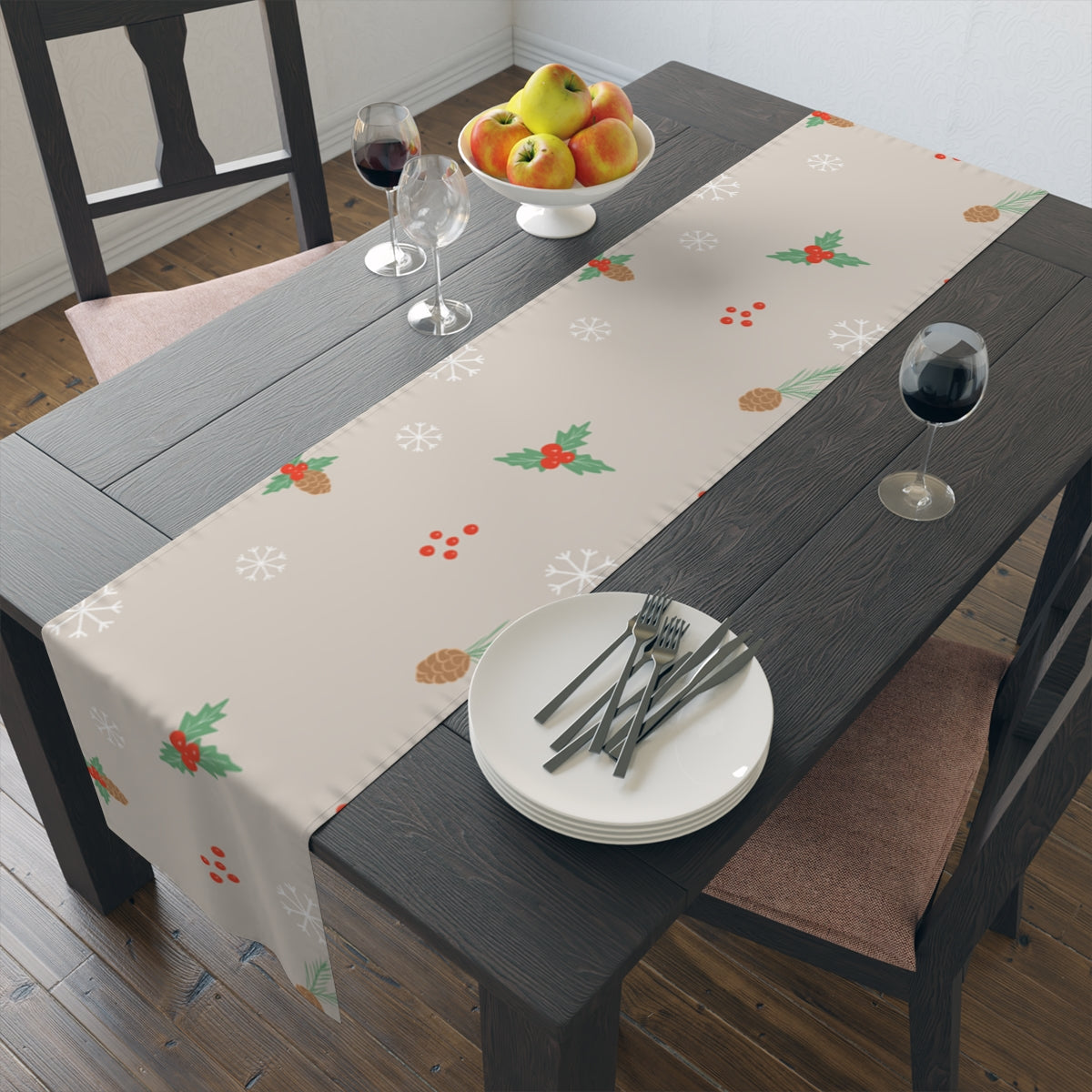 Holiday Table Runner - Holly &amp; Pinecones