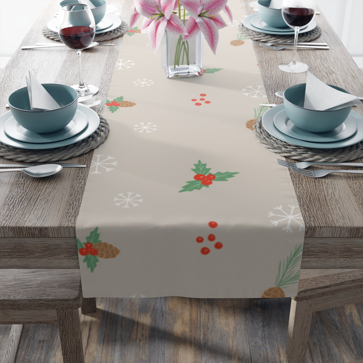 Holiday Table Runner - Holly &amp; Pinecones