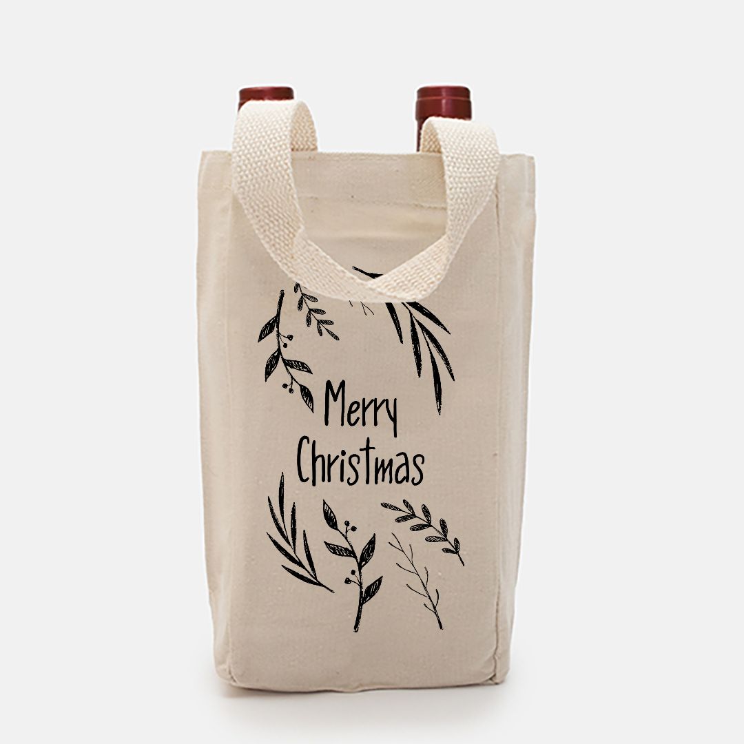 Double Bottle Canvas Wine Tote - Merry Christmas Garland