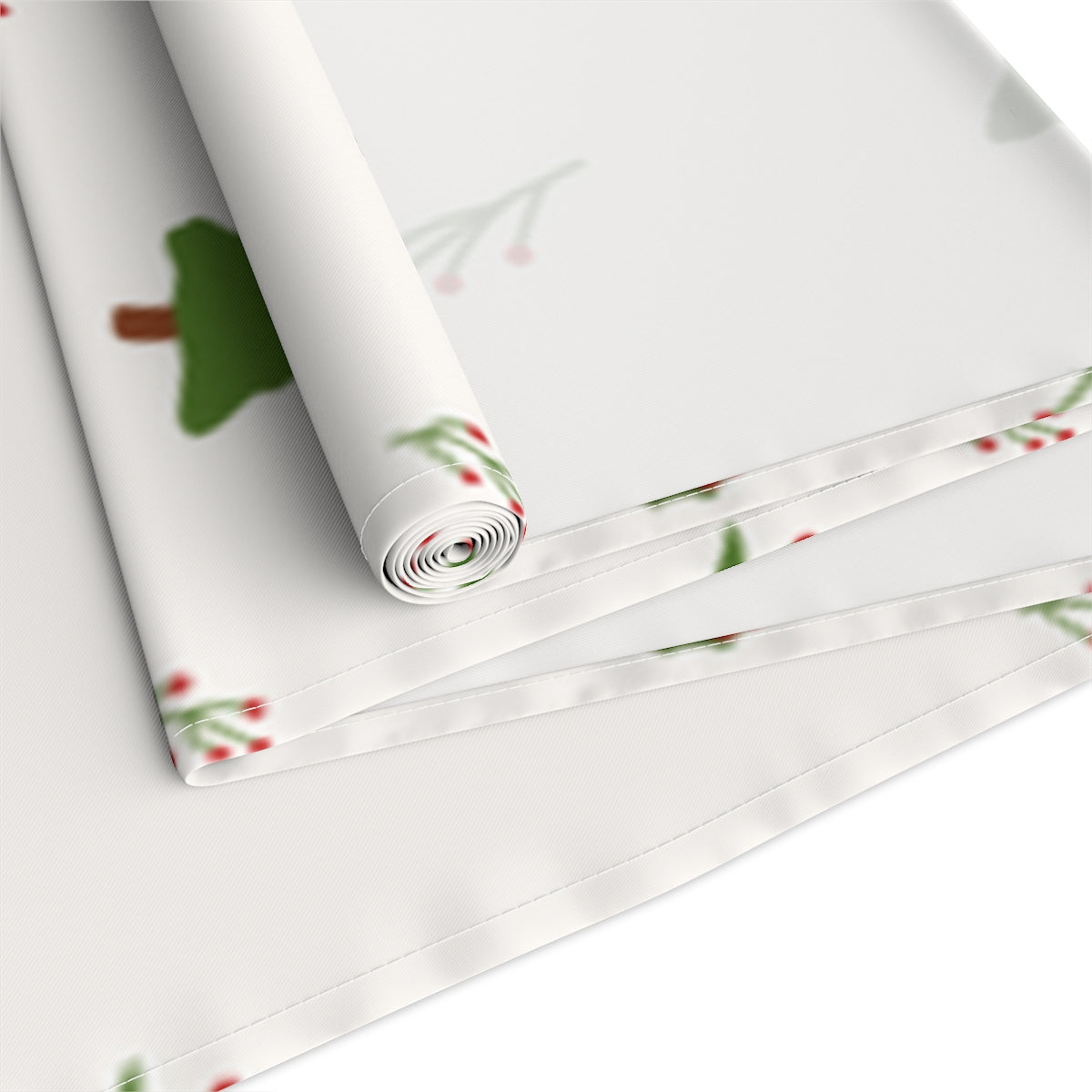 White Holiday Table Runner - Evergreen Trees &amp; Holly