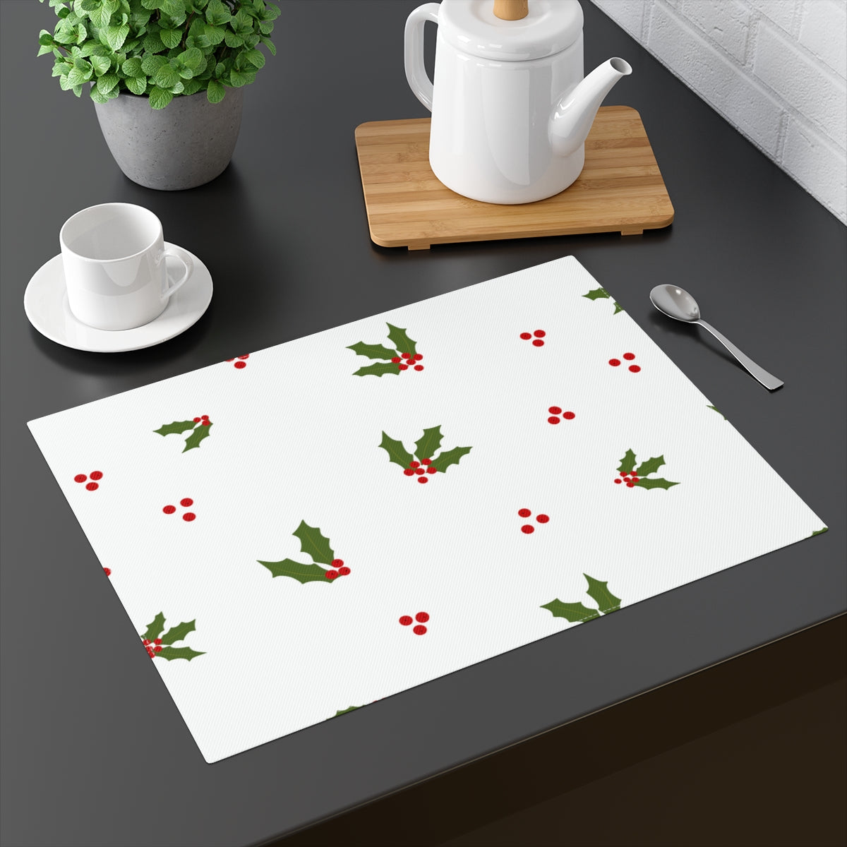White Holiday Table Placemat - Red &amp; Green Holly