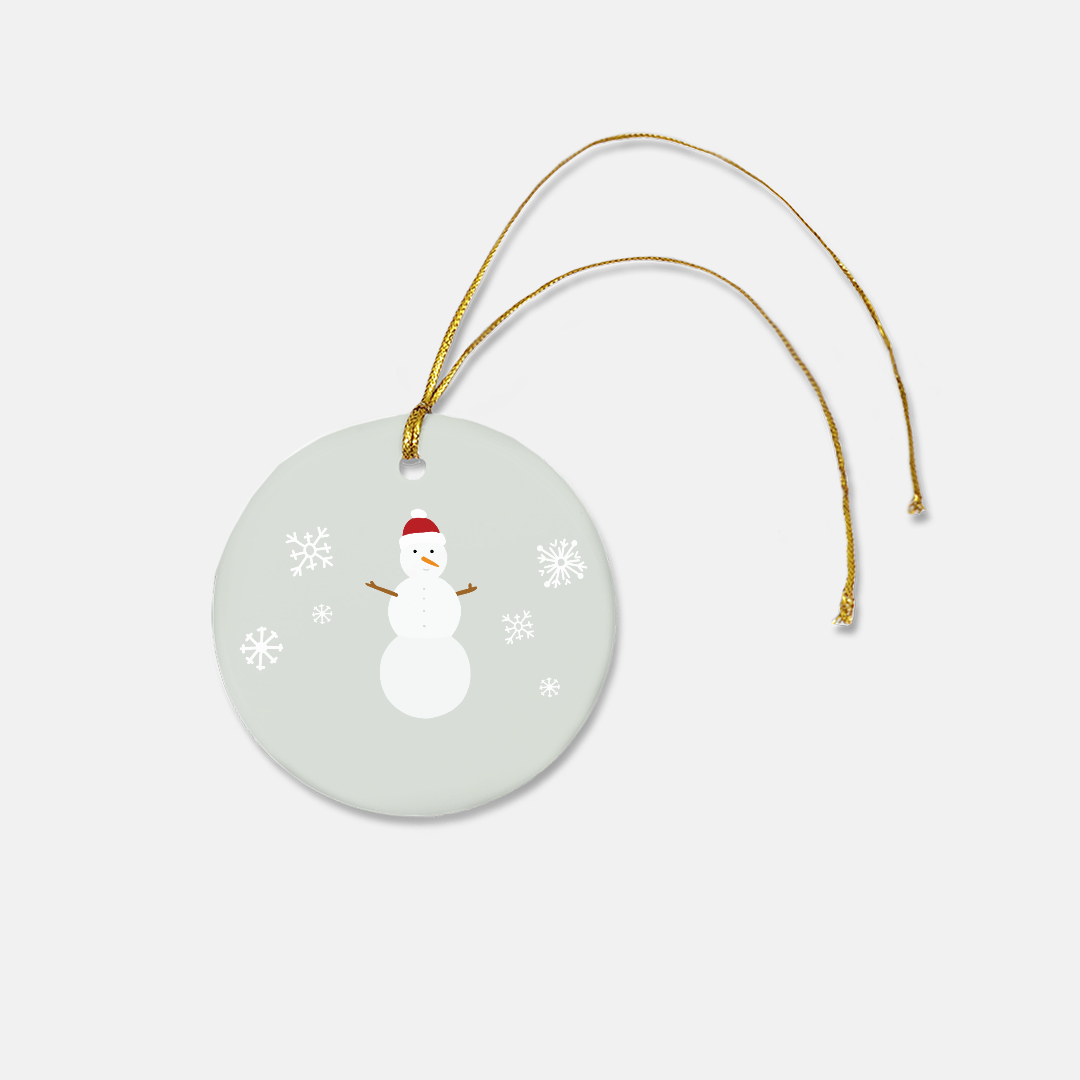 Round Ceramic Holiday Ornament - Snowman &amp; Snowflakes