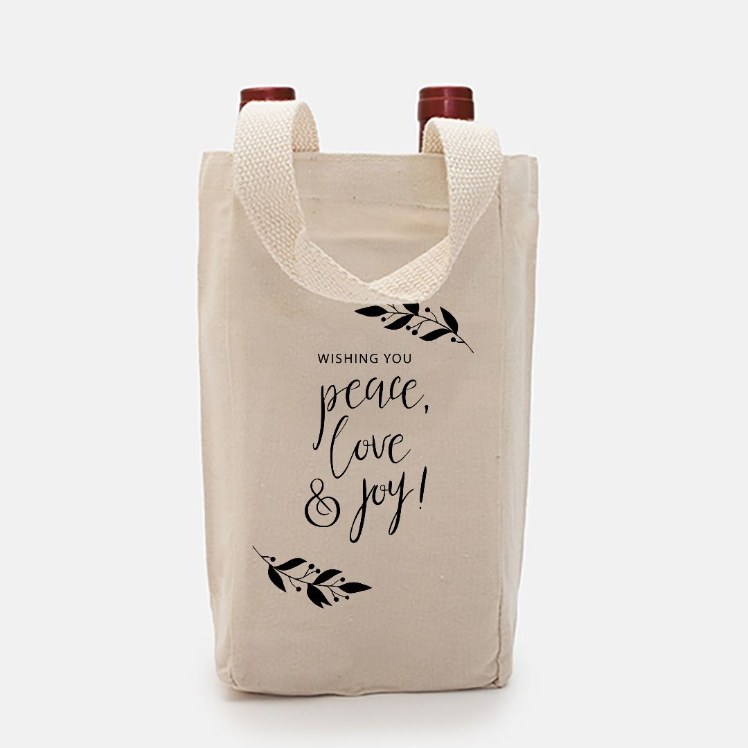 Double Bottle Canvas Wine Tote - Peace, Love &amp; Joy