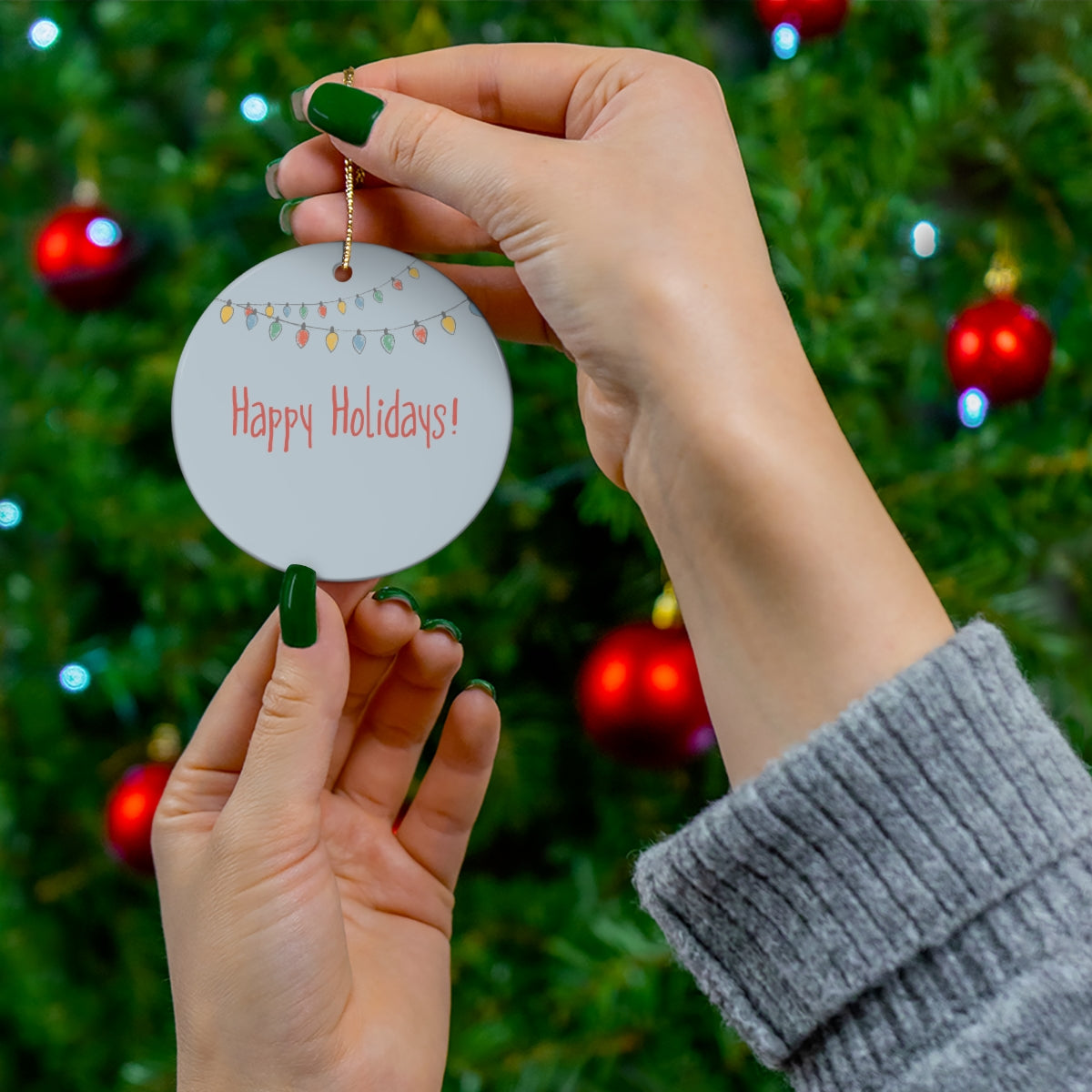 Ceramic Holiday Ornament - Happy Holiday Christmas Lights