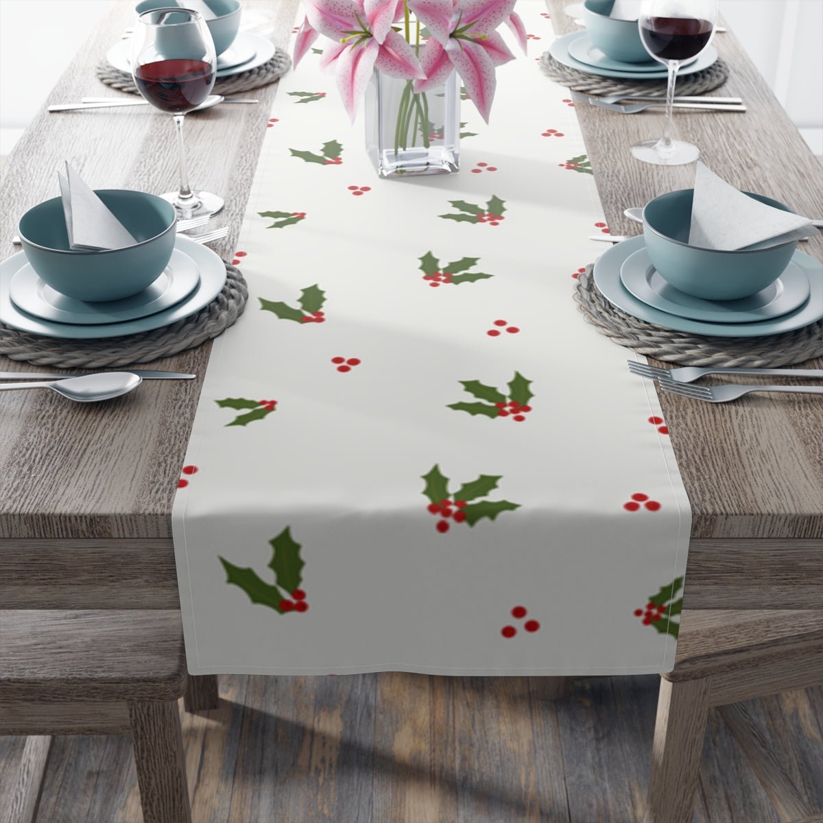 Holiday Table Runner - Red &amp; Green Holly